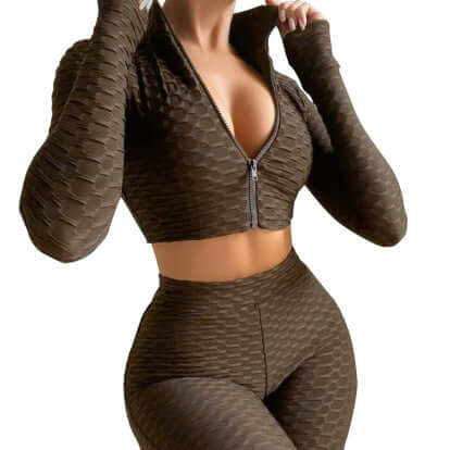 Women's Tracksuit Yoga Fitness Activewear Set in stylish brown hexagon pattern, featuring zip-up long-sleeve top and fitted pants.