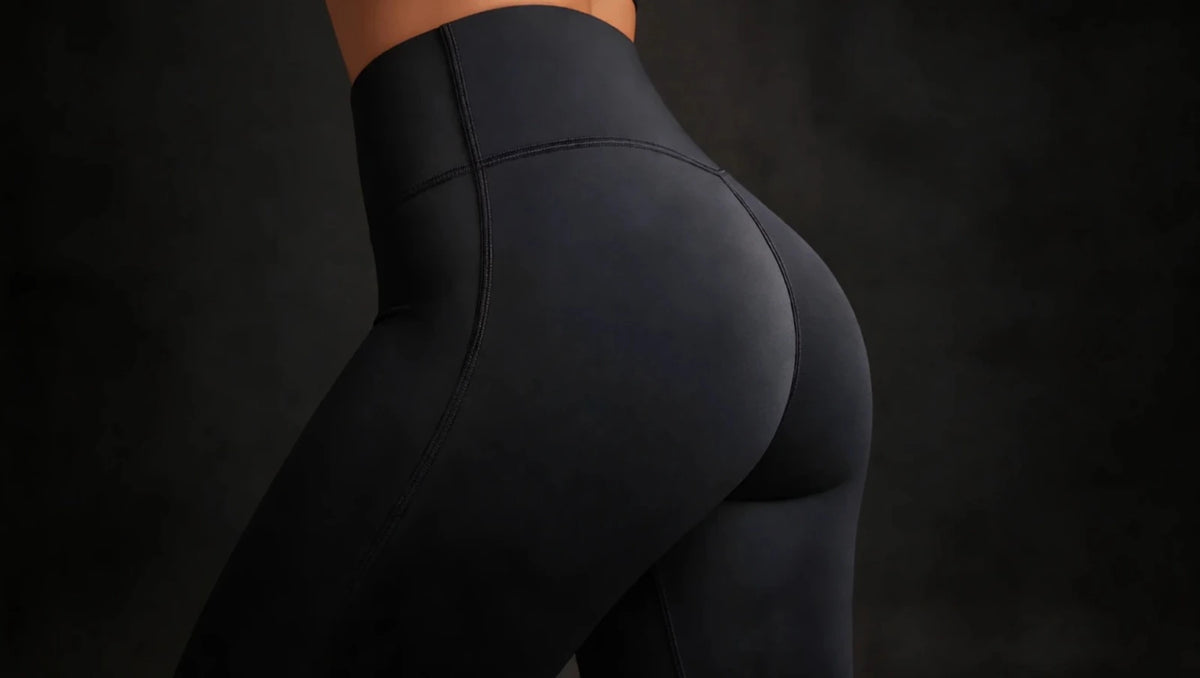Close-up of a person wearing black Layna leggings, highlighting the high-waisted design and stylish fit.