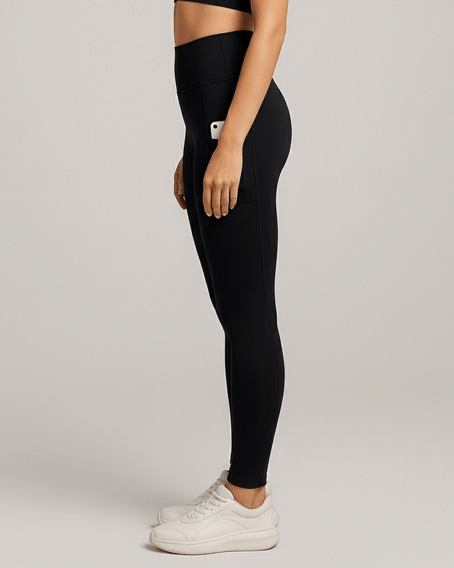 Seamless Yoga Pants for Women – High Waist Pocket Leggings worn by a model from the side, showcasing the sleek design and side pocket.