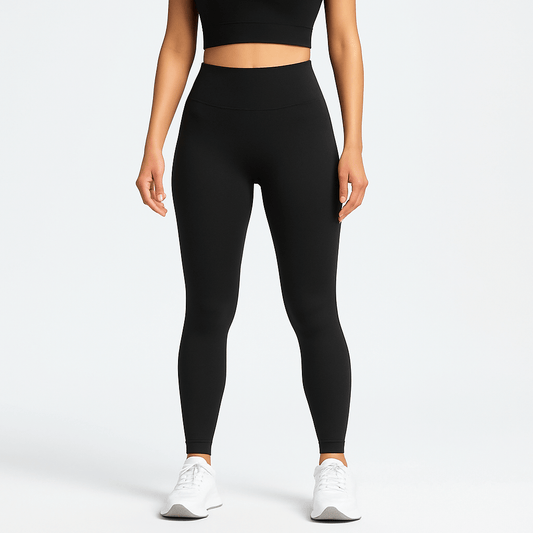 Black Seamless Yoga Pants – High-Waisted, Sculpting Fit for women, offering stretch and comfort in activewear.