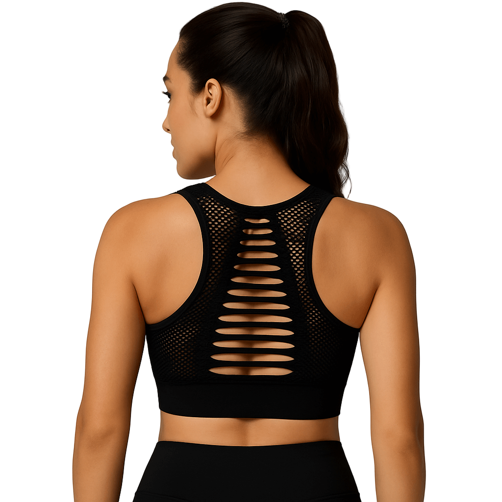 Back view of a woman wearing a Black Mesh Sports Bra – Breathable, Lightweight Support showcasing its design.