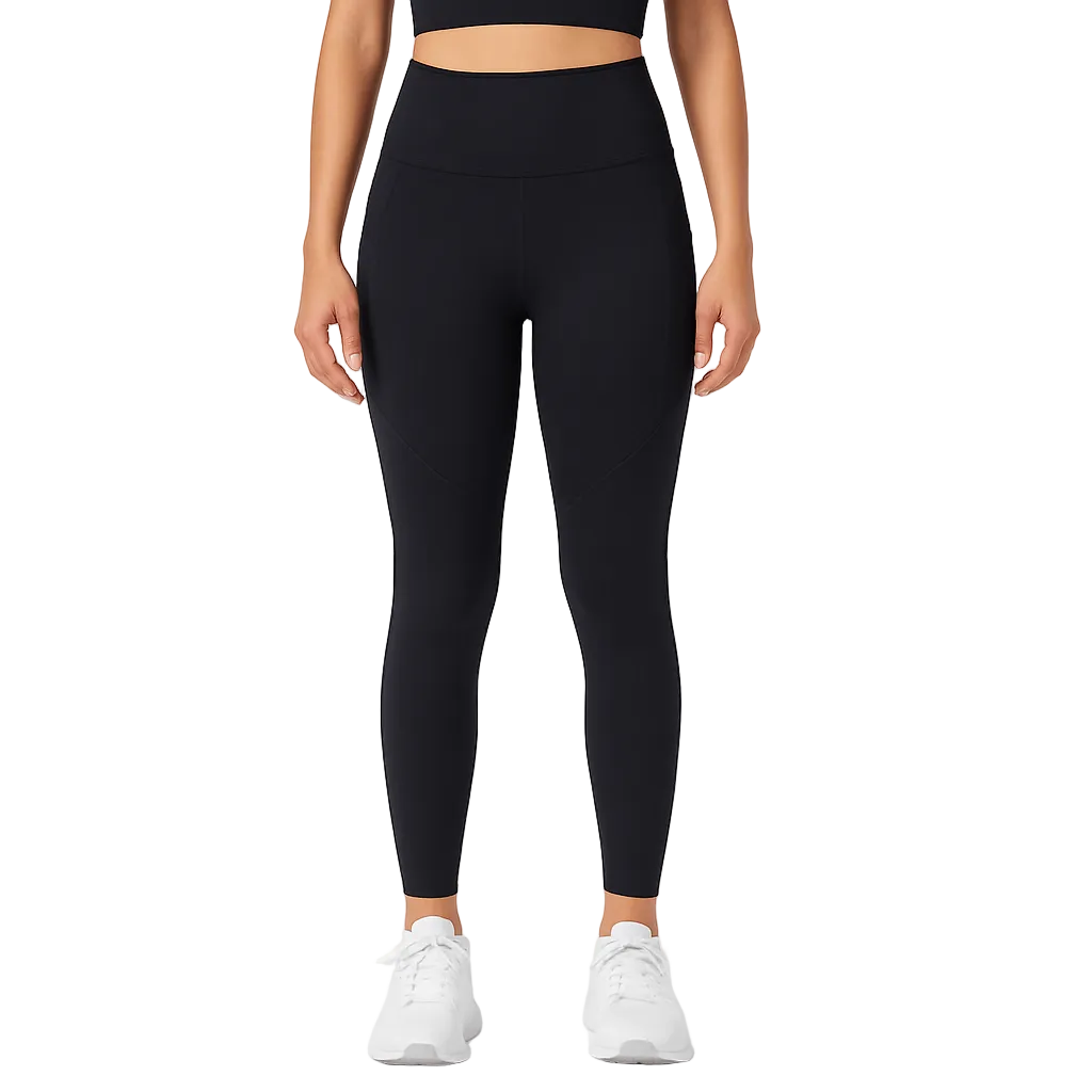 Black Contrast Yoga Pants – Sculpting, High-Waist Fit worn by model, showcasing a stylish, curvy silhouette.