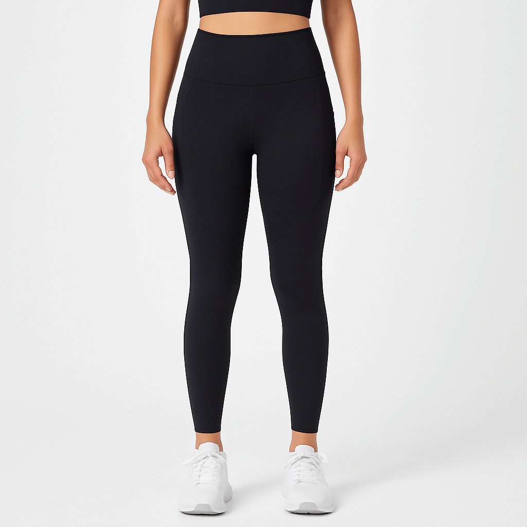 Black Contrast Yoga Pants – Sculpting, High-Waist Fit worn by model, showcasing a stylish, curvy silhouette.