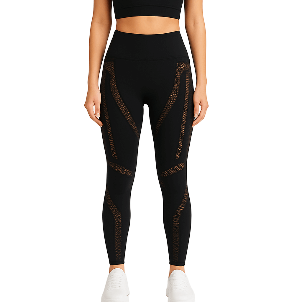 Black Mesh Leggings – Seamless High-Waist featuring cooling mesh panels and high-waist design for comfort in workouts.