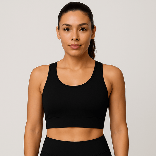 Black No-Bounce Sports Bra – Shockproof, Beauty Back Design worn by a model, showcasing style and support.