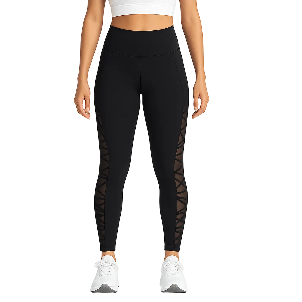 Black Plus Size Compression Leggings – Mesh, Sculpting Fit worn by a model showcasing breathable comfort and sleek design.