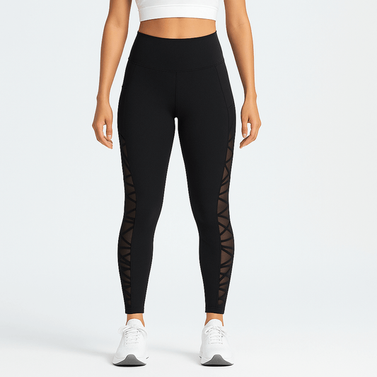 Black Plus Size Compression Leggings – Mesh, Sculpting Fit worn by a model showcasing breathable comfort and sleek design.