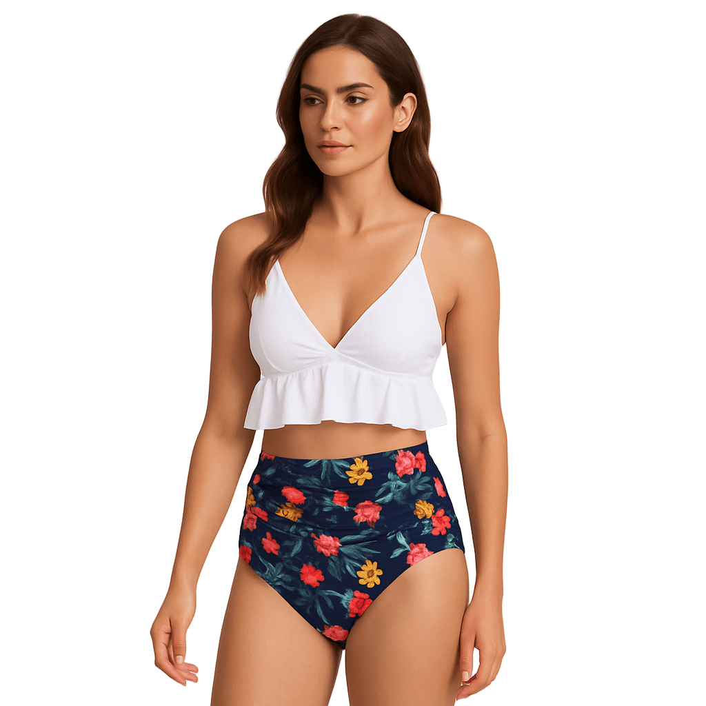 Fashion Printed Ruffle Swimsuit – Women’s Swimwear featuring floral print and flattering ruffle details.
