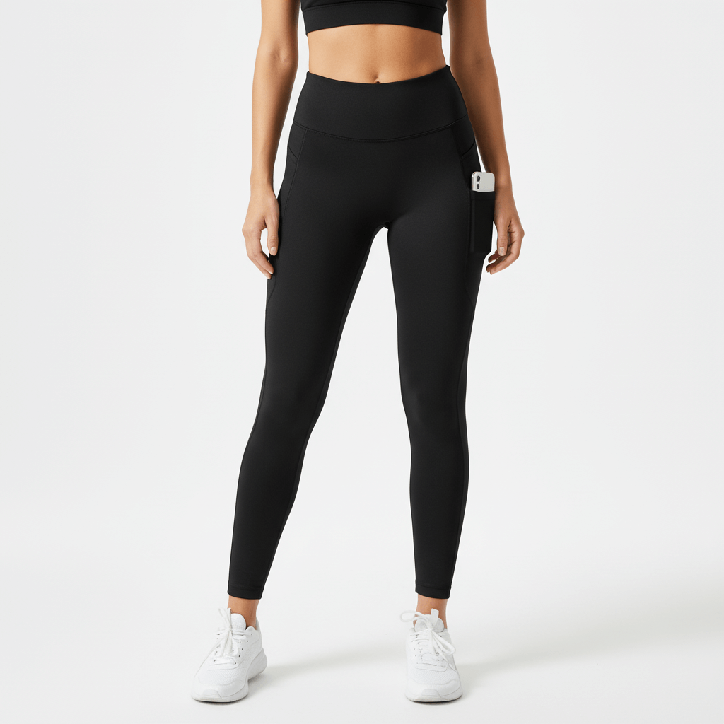 Seamless Yoga Pants for Women – High Waist Pocket Leggings in black, perfect for yoga and gym with side pockets.