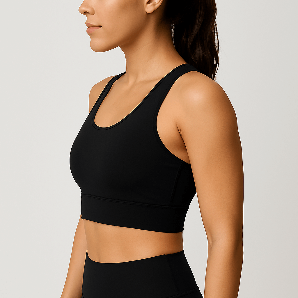 Black No-Bounce Sports Bra – Shockproof, Beauty Back Design worn by a woman, showcasing side profile and fit.