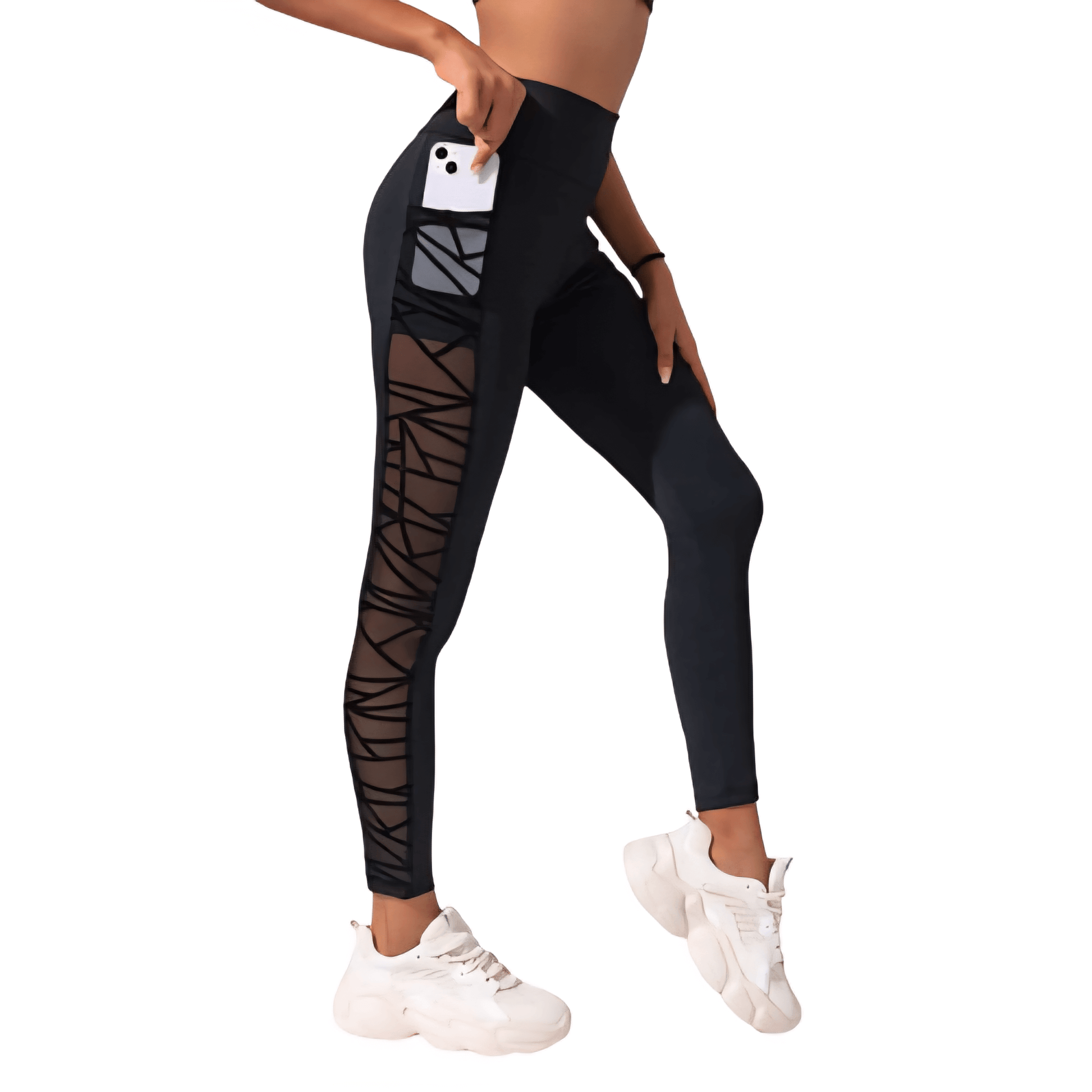 Black Plus Size Compression Leggings – Mesh, Sculpting Fit on a model, showcasing breathable comfort and flexible design.