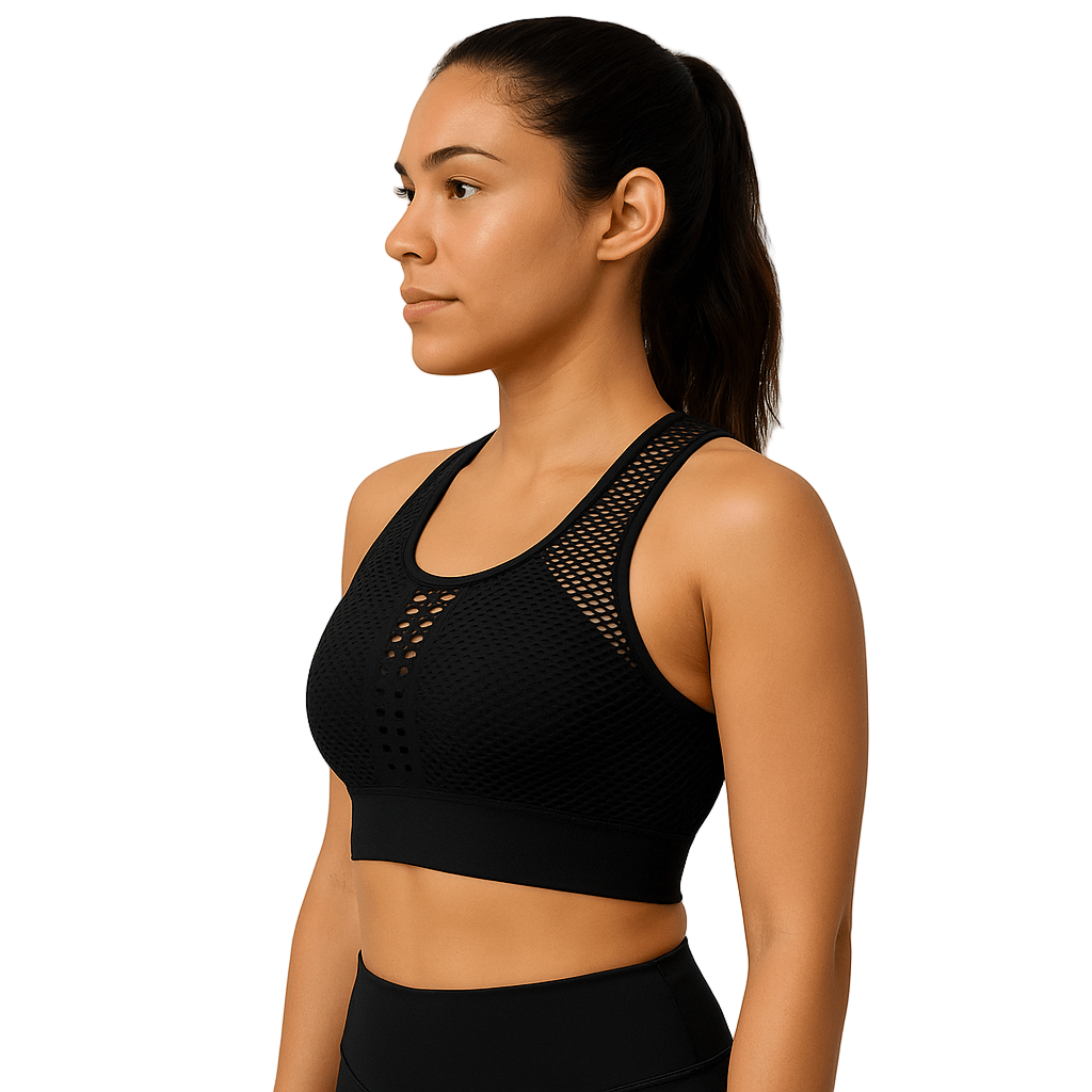 Black Mesh Sports Bra – Breathable, Lightweight Support model showcasing side view for active comfort.