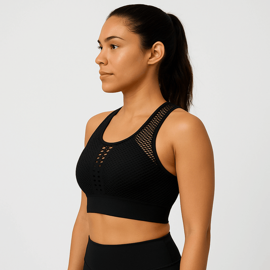 Black Mesh Sports Bra – Breathable, Lightweight Support model showcasing side view for active comfort.