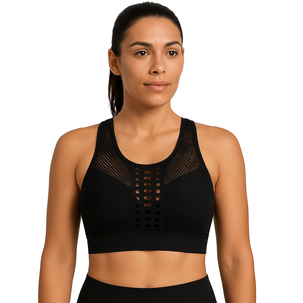 Black Mesh Sports Bra – Breathable, Lightweight Support on model, showcasing comfort and style.