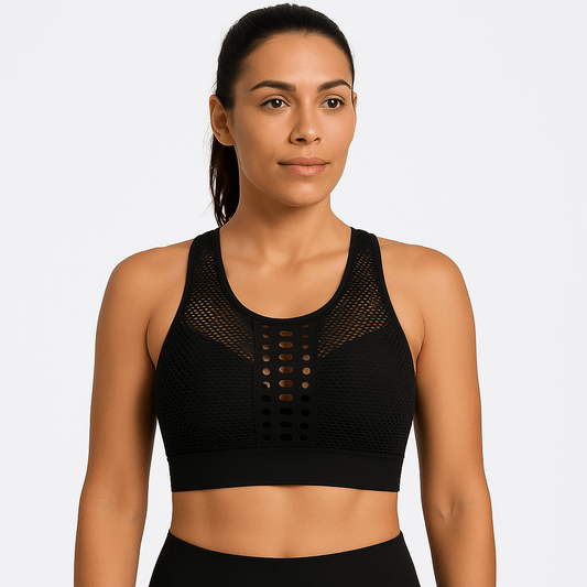 Black Mesh Sports Bra – Breathable, Lightweight Support on model, showcasing comfort and style.