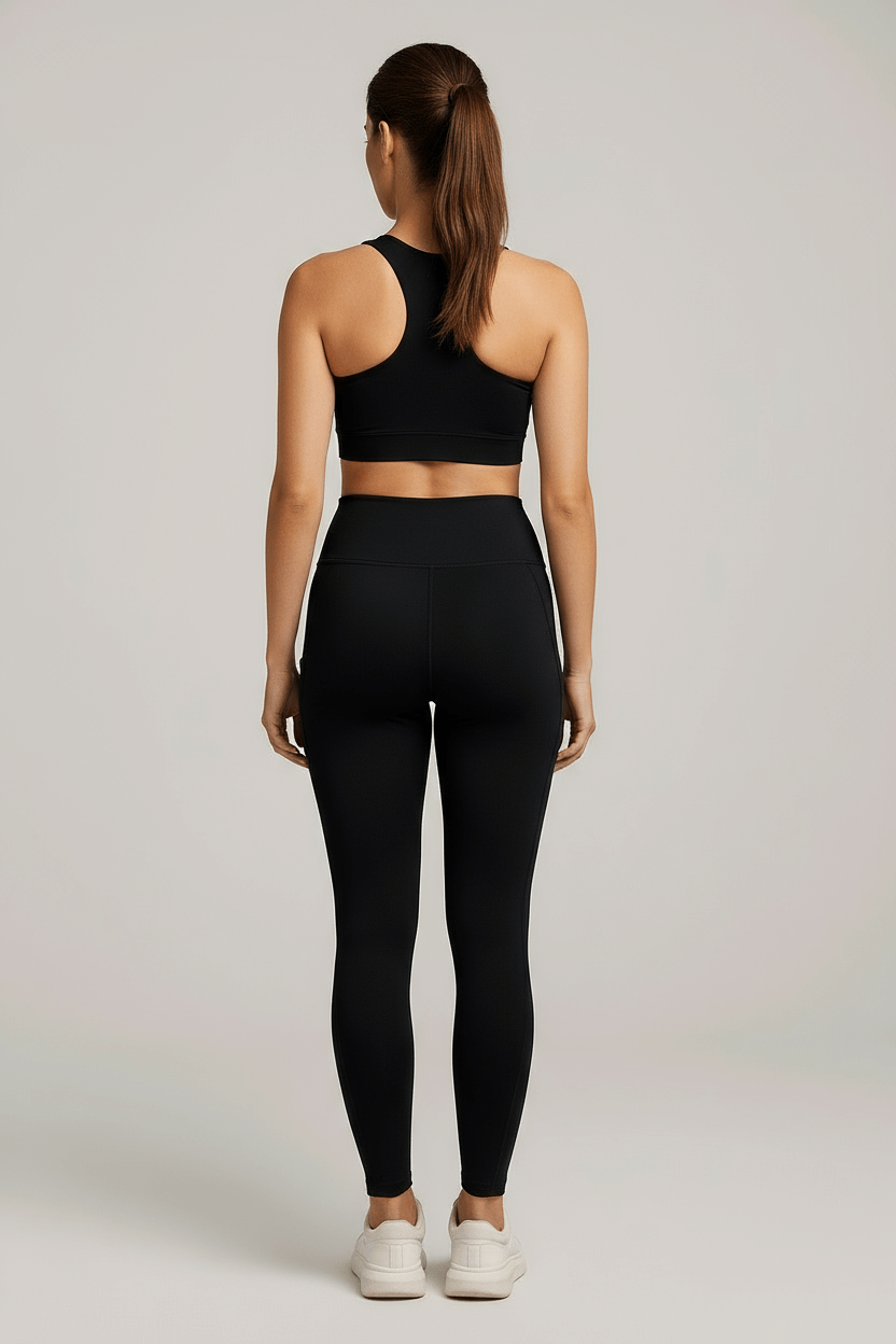 Seamless Yoga Pants for Women – High Waist Pocket Leggings in black, showcasing seamless design and high waist support.