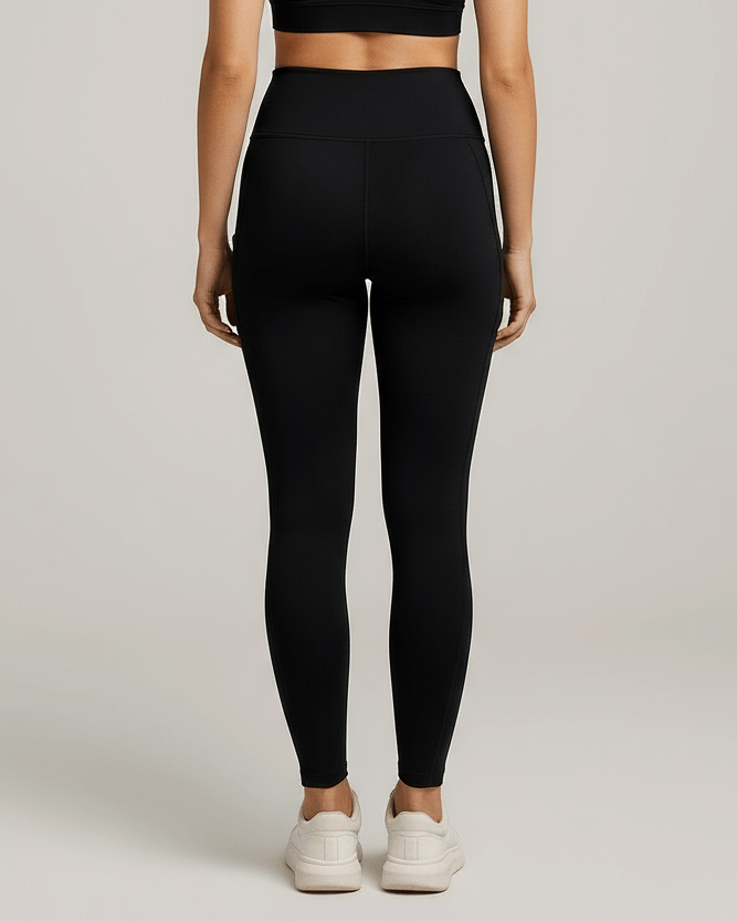 Seamless Yoga Pants for Women – High Waist Pocket Leggings in black, showcasing seamless design and high waist support.