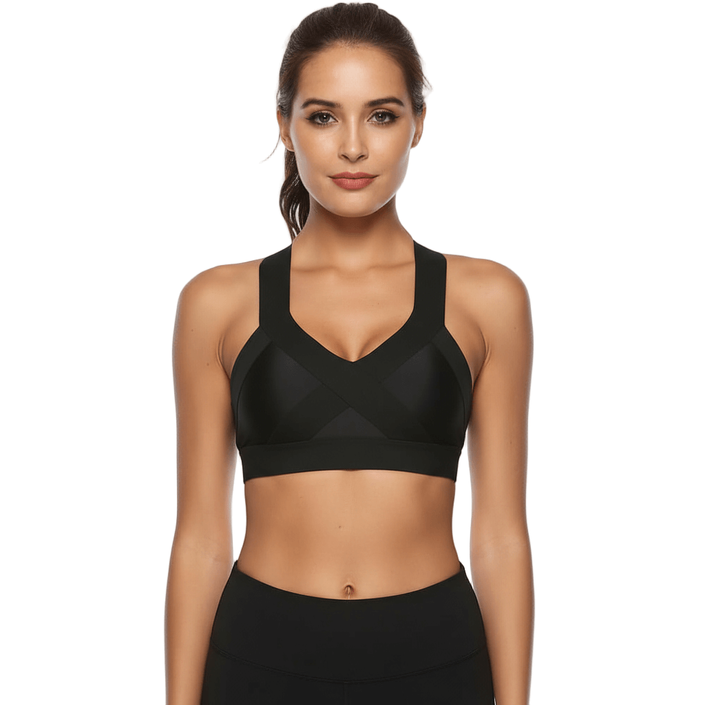 Black Wideband V-Neck Sports Bra – Slim Fit, Breathable Support worn by model in stylish activewear.